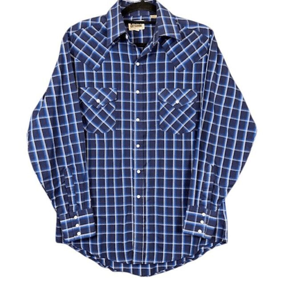 Ely Cattleman Pearl Snap‎ Men's Shirt Western Blue Plaid Size Medium